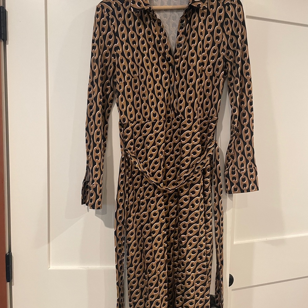 Boden Brown and Tan chain pattern Laura dress midi modal